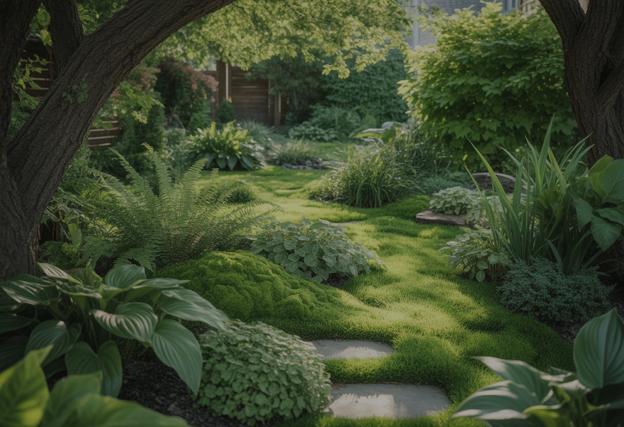 Lawn Alternatives for Shady Yards: Effective Solutions for Low-Light Areas - PlantNative.org A shady backyard garden with moss, ferns, and shade-loving plants growing under large trees with stone pathways winding through the greenery.