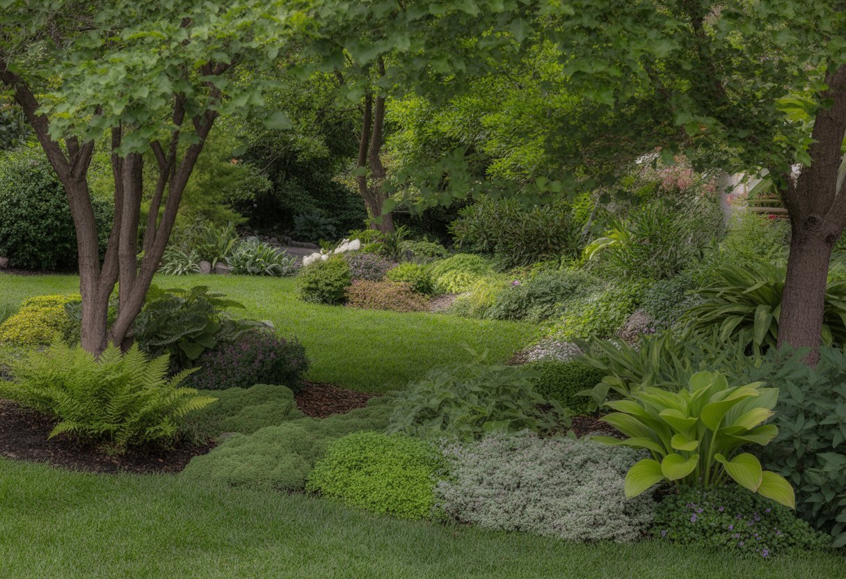 Lawn Alternatives for Shady Yards: Effective Solutions for Low-Light Areas - PlantNative.org A shady yard filled with various green plants like ferns, hostas, and ground covers growing under tall trees.