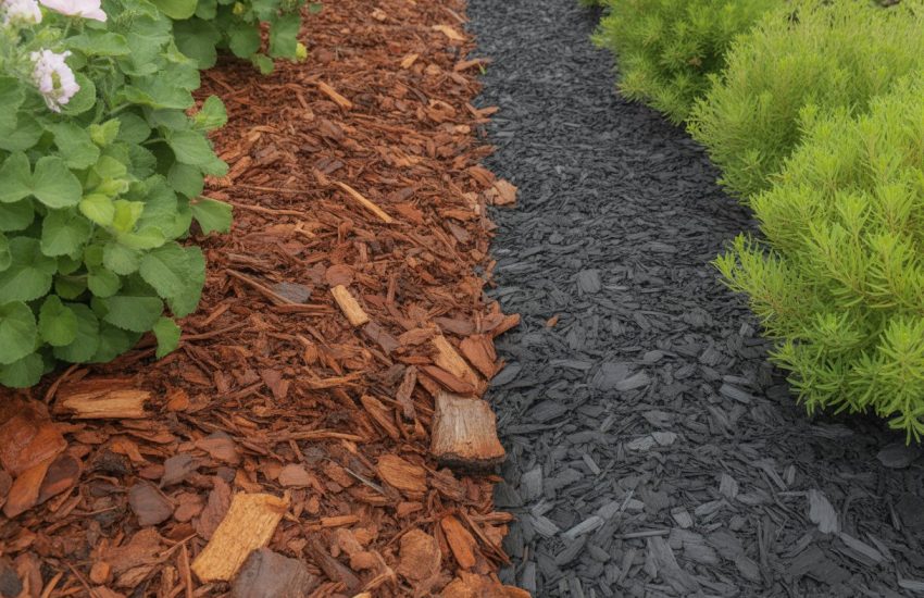 A garden bed showing a side-by-side comparison of organic wood chip mulch on one side and black synthetic mulch on the other side around green plants.