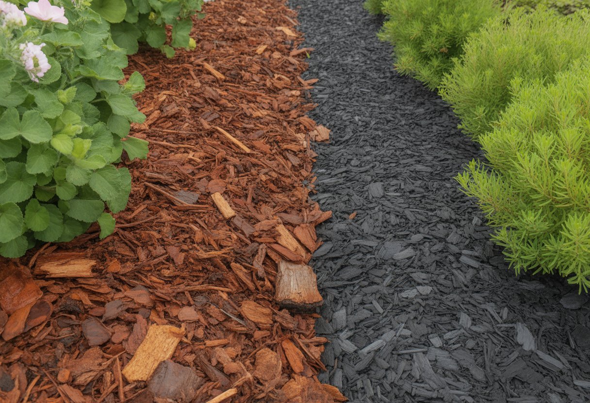 Organic Mulch vs Synthetic Mulch: Key Differences and Best Uses Explained - PlantNative.org A garden bed showing a side-by-side comparison of organic wood chip mulch on one side and black synthetic mulch on the other side around green plants.