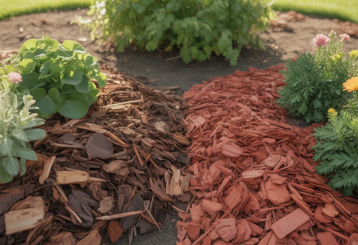 Organic Mulch vs Synthetic Mulch: Key Differences and Best Uses Explained - PlantNative.org A garden scene showing two types of mulch side by side: organic wood chips and synthetic rubber mulch around green plants.
