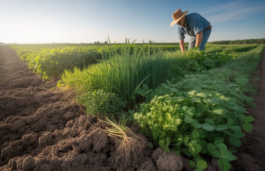 A farmer inspecting lush green cover crops growing on healthy soil in a wide open agricultural field under a clear sky.
