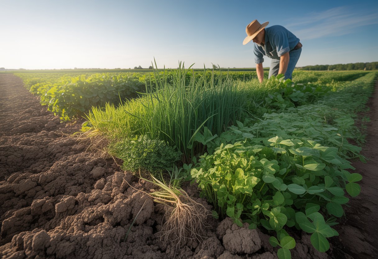 A farmer inspecting lush green cover crops growing on healthy soil in a wide open agricultural field under a clear sky.