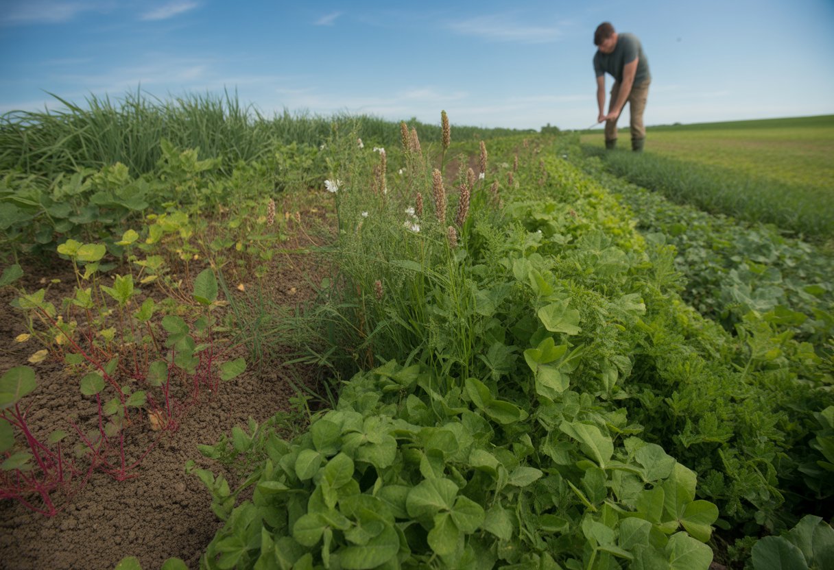 A farmer inspecting healthy cover crops growing in rich soil under a clear blue sky in an agricultural field.