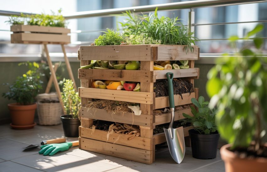 A small wooden compost bin filled with organic waste on a sunlit balcony surrounded by potted plants and gardening tools.