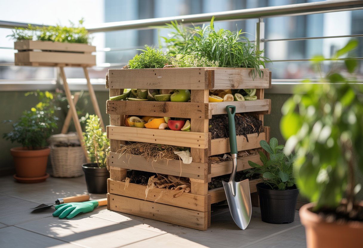 A small wooden compost bin filled with organic waste on a sunlit balcony surrounded by potted plants and gardening tools.