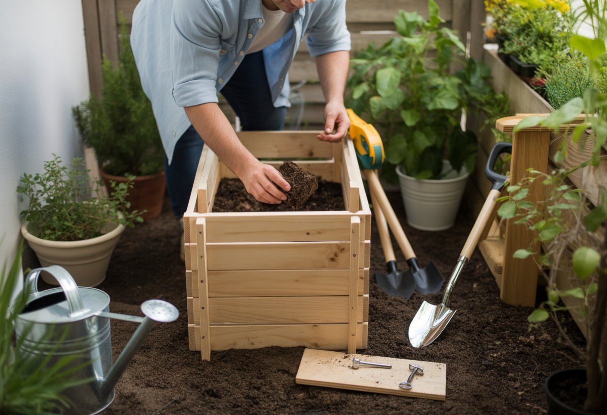 Person assembling a DIY compost bin in a small garden space with gardening tools and plants around.