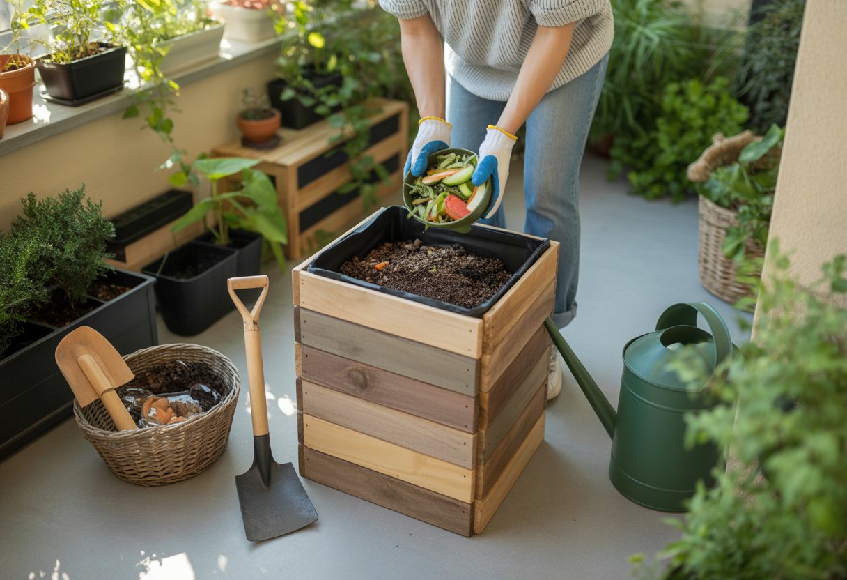 Person adding kitchen scraps to a small DIY compost bin on a balcony surrounded by plants and gardening tools.