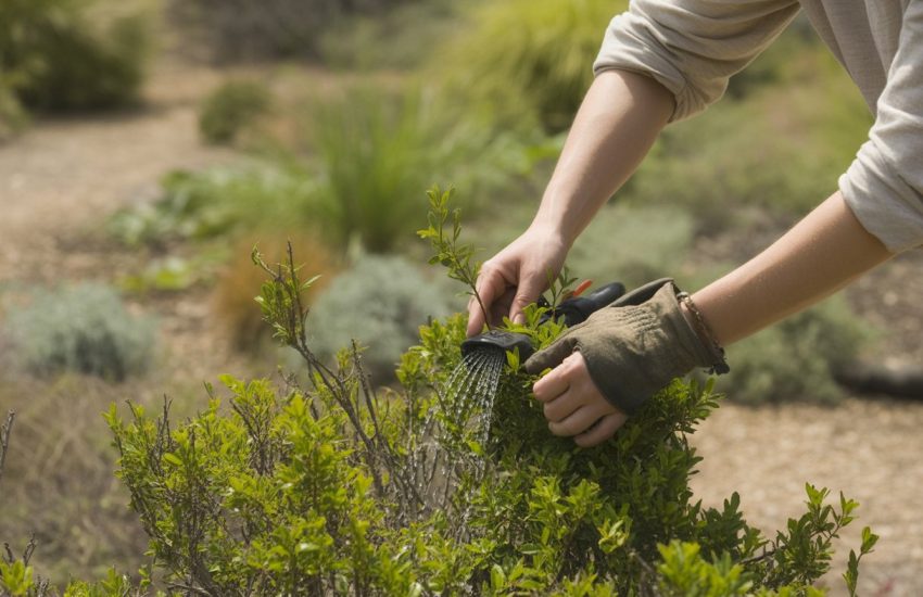 A person caring for native shrubs by pruning or watering them in a sunlit garden.