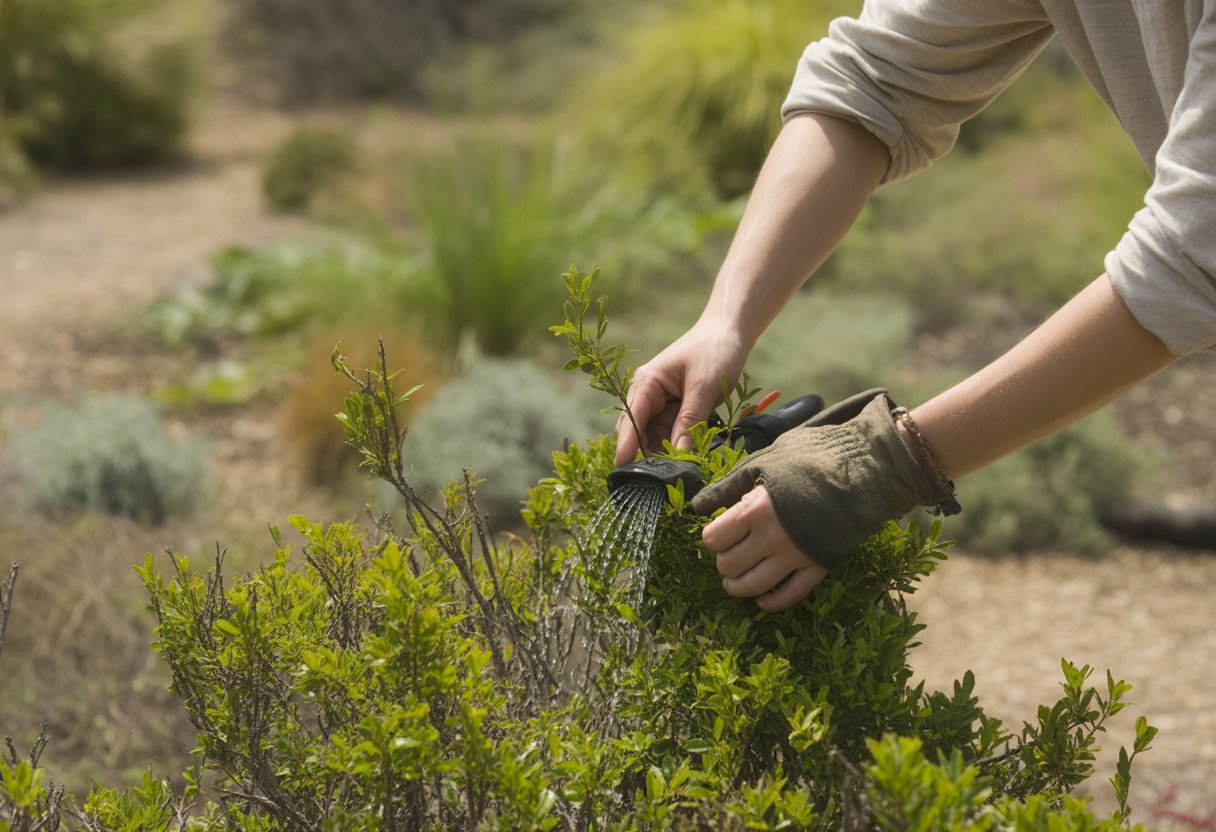 A person caring for native shrubs by pruning or watering them in a sunlit garden.