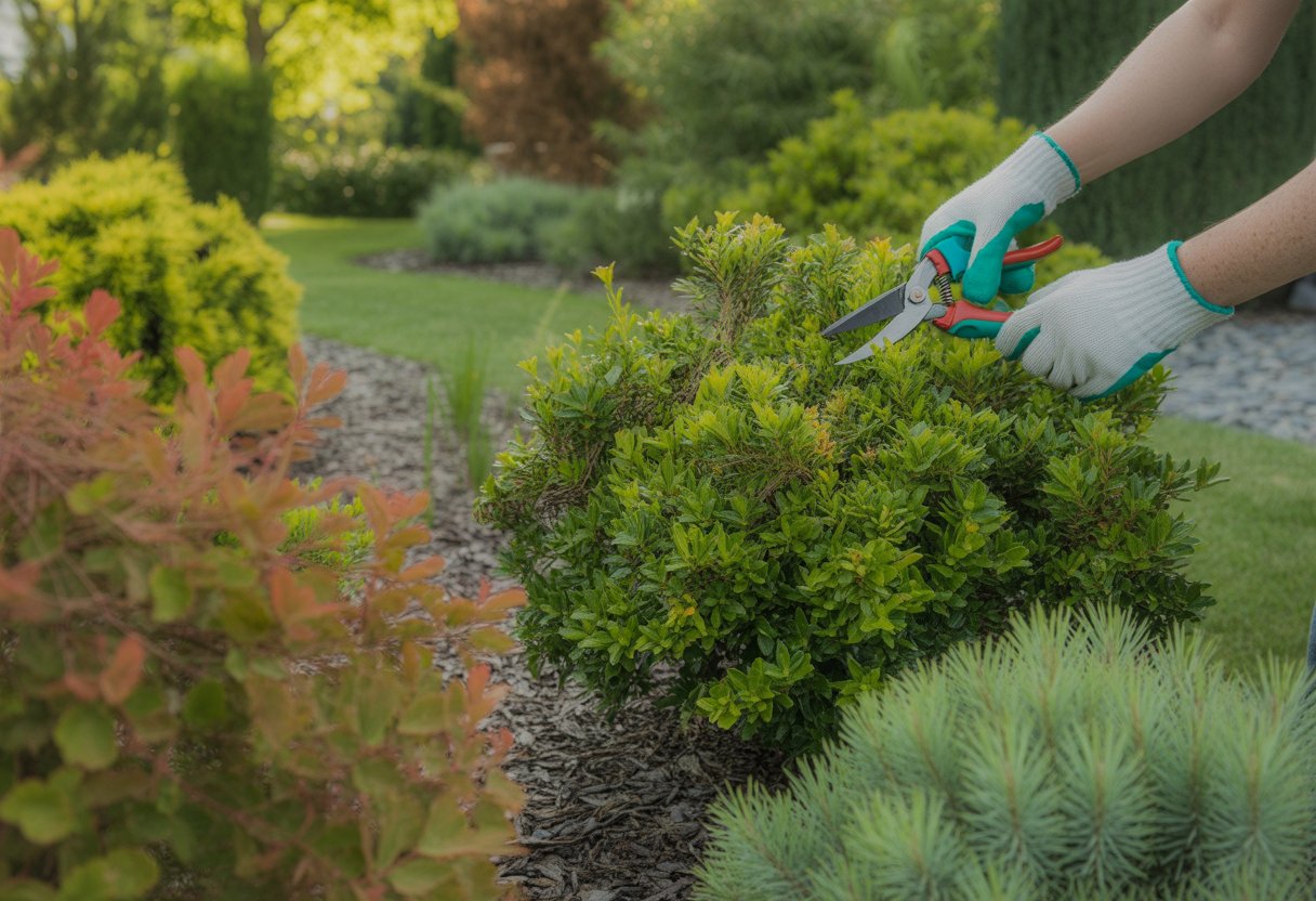 A person tending to healthy native shrubs in a lush garden landscape with sunlight filtering through trees.
