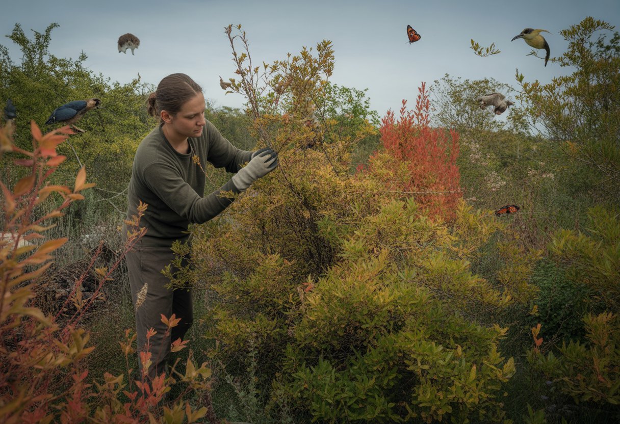 Person caring for native shrubs outdoors with birds and butterflies nearby during a colorful seasonal change.