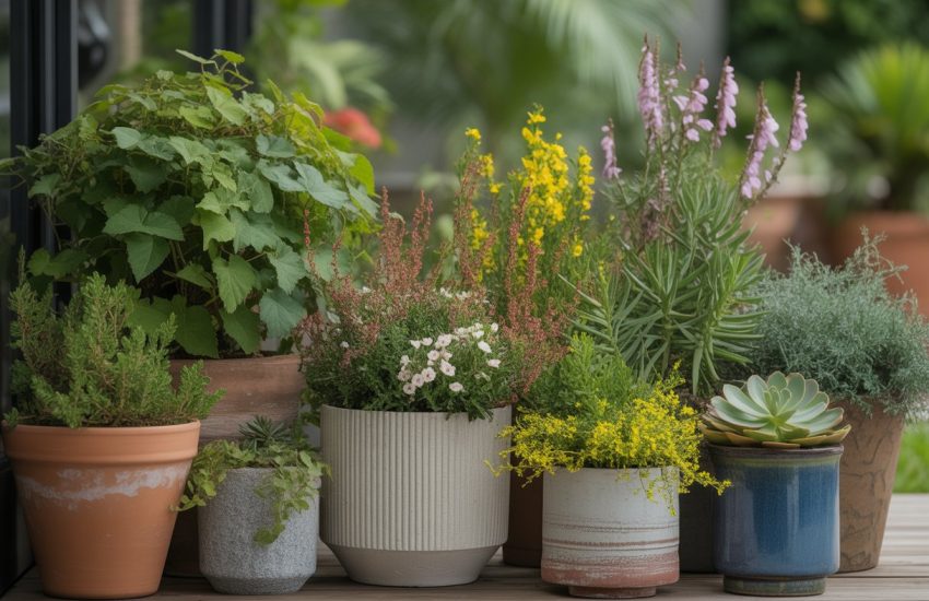 A container garden with various native plants in pots arranged on a wooden surface outdoors.