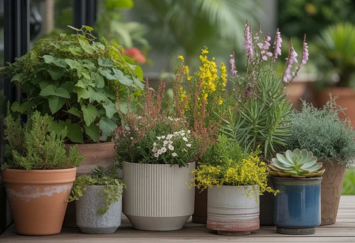 Container gardening with natives for sustainable and low-maintenance landscaping - PlantNative.org A container garden with various native plants in pots arranged on a wooden surface outdoors.
