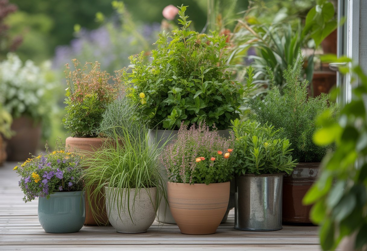 Container gardening with natives for sustainable and low-maintenance landscaping - PlantNative.org A variety of healthy native plants growing in different containers arranged on a wooden patio in a garden setting.