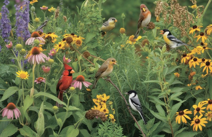 A garden with native flowering plants and several small songbirds perched on branches and flowers.