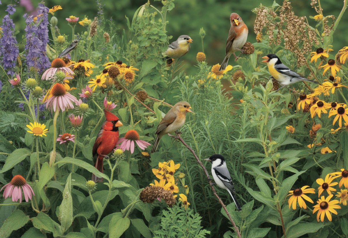 A garden with native flowering plants and several small songbirds perched on branches and flowers.