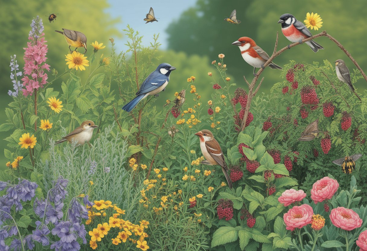 A garden filled with native plants attracting songbirds perched on branches and feeding among colorful flowers and shrubs.
