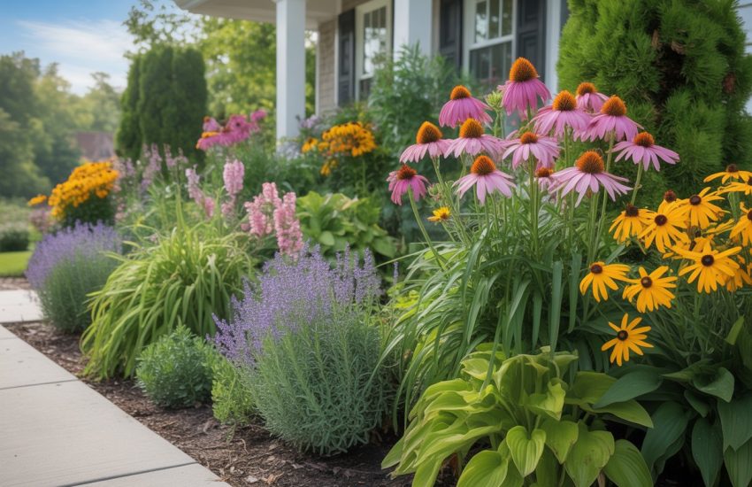 A front yard garden with various colorful perennial flowers and green plants along a walkway leading to a house.