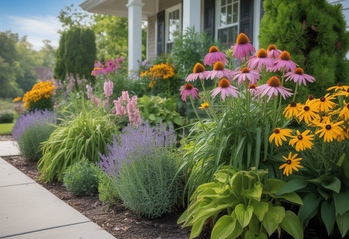 A front yard garden with various colorful perennial flowers and green plants along a walkway leading to a house.