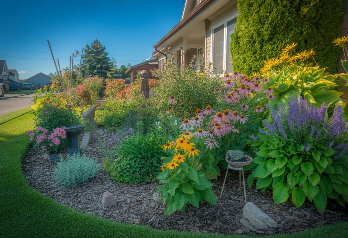 A front yard garden with various colorful perennial flowers and green plants arranged along a pathway leading to a house entrance.