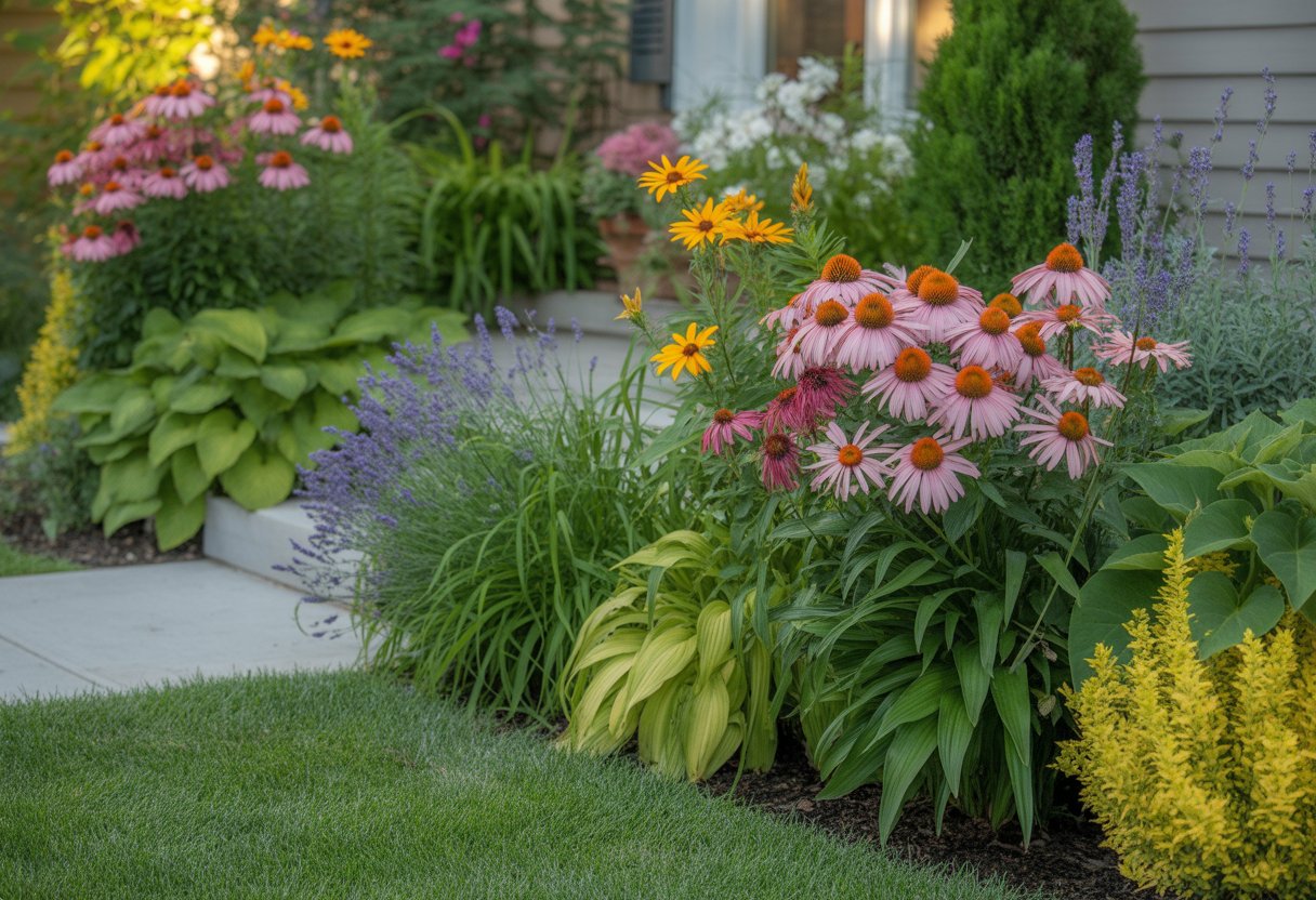 A colorful front yard garden with various blooming perennial plants along a walkway leading to a house.