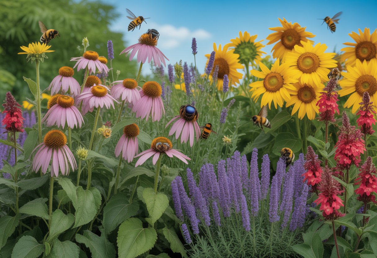 A colorful garden filled with various flowering plants and different pollinators like bees, butterflies, and hummingbirds visiting the flowers.