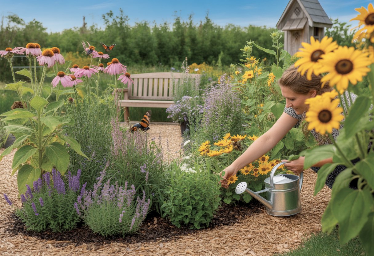 A colorful pollinator garden with blooming flowers, bees, butterflies, and a gardener tending to the plants.