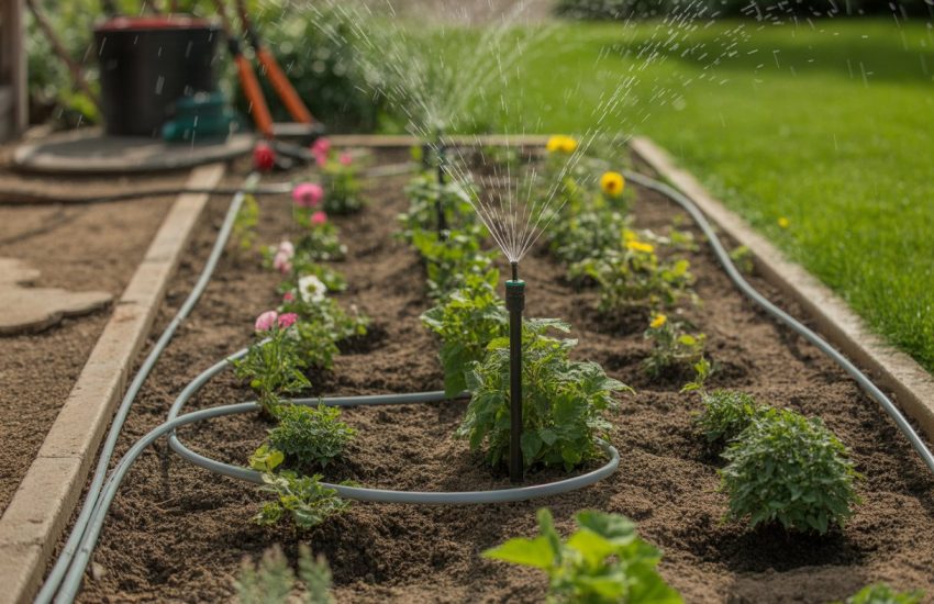 A newly planted garden with young plants being watered by a drip irrigation system and sprinklers.
