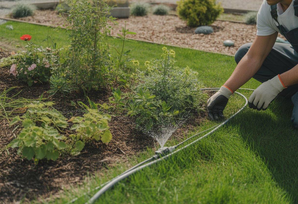 A gardener installing an irrigation system in a newly planted garden with young plants and moist soil.