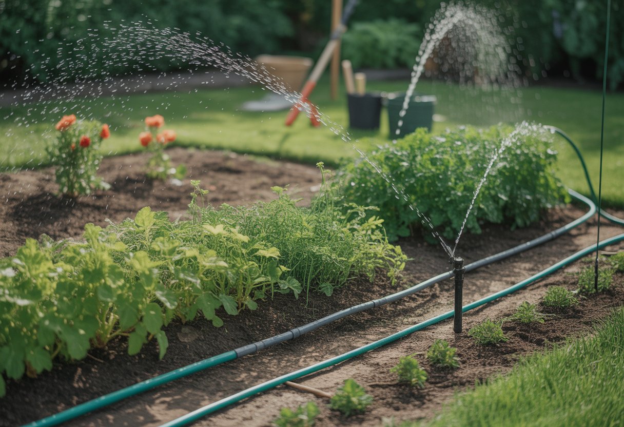 A new garden with various irrigation systems including drip lines, sprinklers, and soaker hoses watering healthy plants.