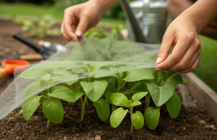 Close-up of hands covering young seedlings with a protective mesh net in a garden.