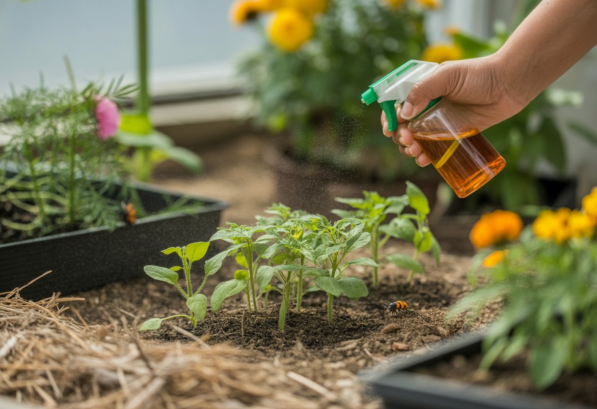 Young green seedlings growing in soil with a gardener's hand spraying a natural pest deterrent, surrounded by companion plants and beneficial insects.