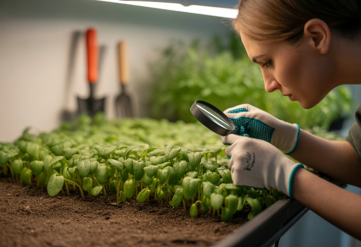 Close-up of healthy green seedlings in soil with a person inspecting them for pests using a magnifying glass.