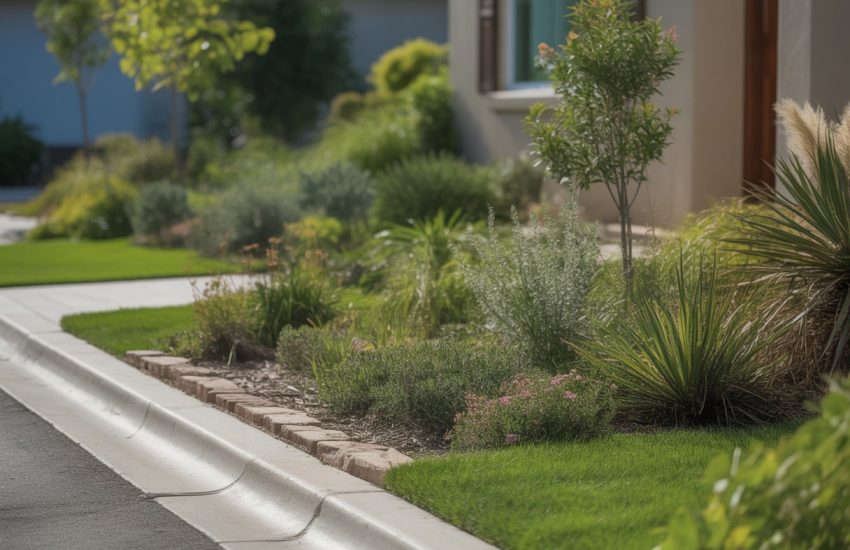 A residential front yard with native plants, shrubs, and a stone pathway leading to a modern house, viewed from the curb.
