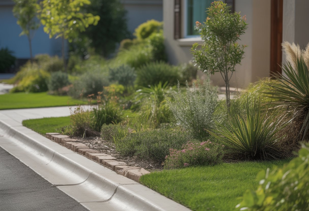 A residential front yard with native plants, shrubs, and a stone pathway leading to a modern house, viewed from the curb.