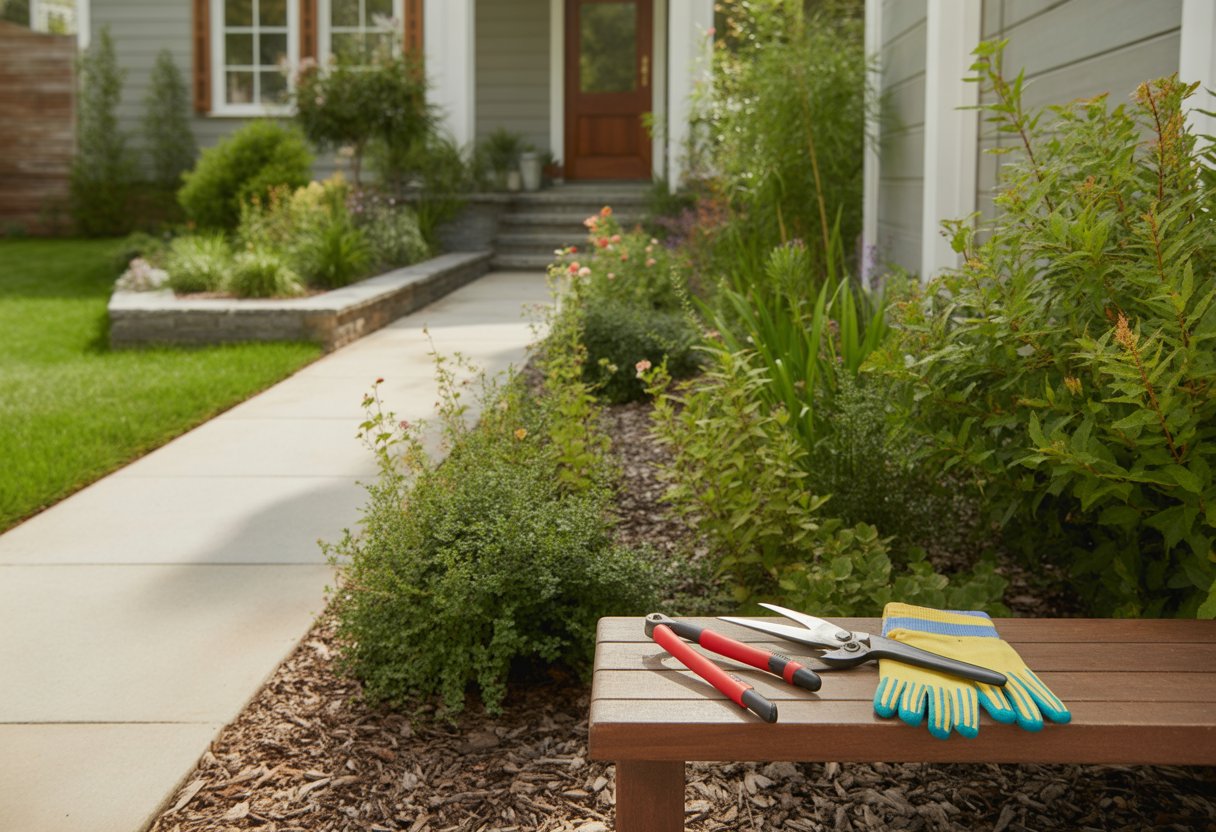 A front yard with native plants and flowers, a stone-bordered garden bed, gardening tools on a bench, and a pathway leading to a house.