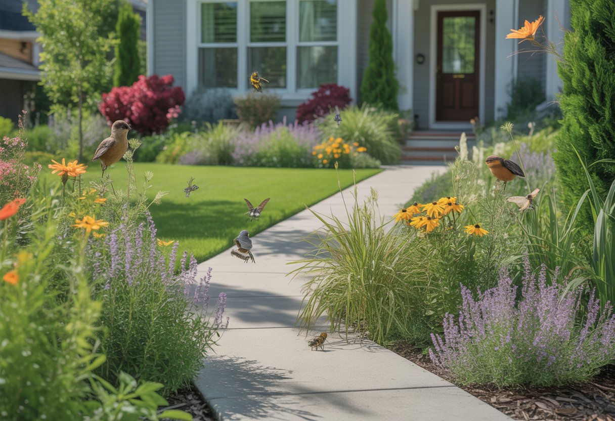 A front yard with native plants, colorful flowers, and wildlife like birds and butterflies near a house entrance.