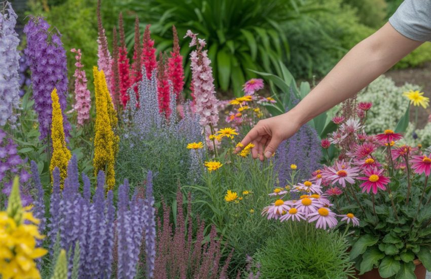 A hand selecting colorful perennial flowers in a lush garden filled with various blooming plants.
