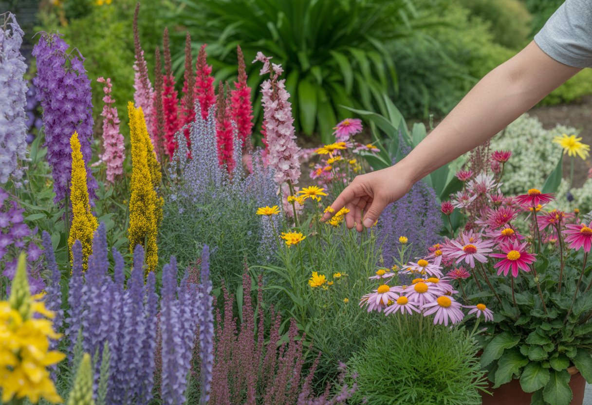 A hand selecting colorful perennial flowers in a lush garden filled with various blooming plants.