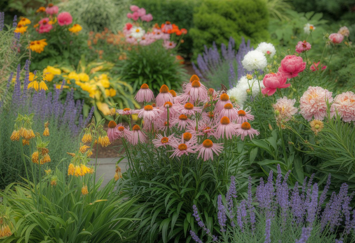 A garden filled with colorful perennial flowers in full bloom surrounded by green leaves.