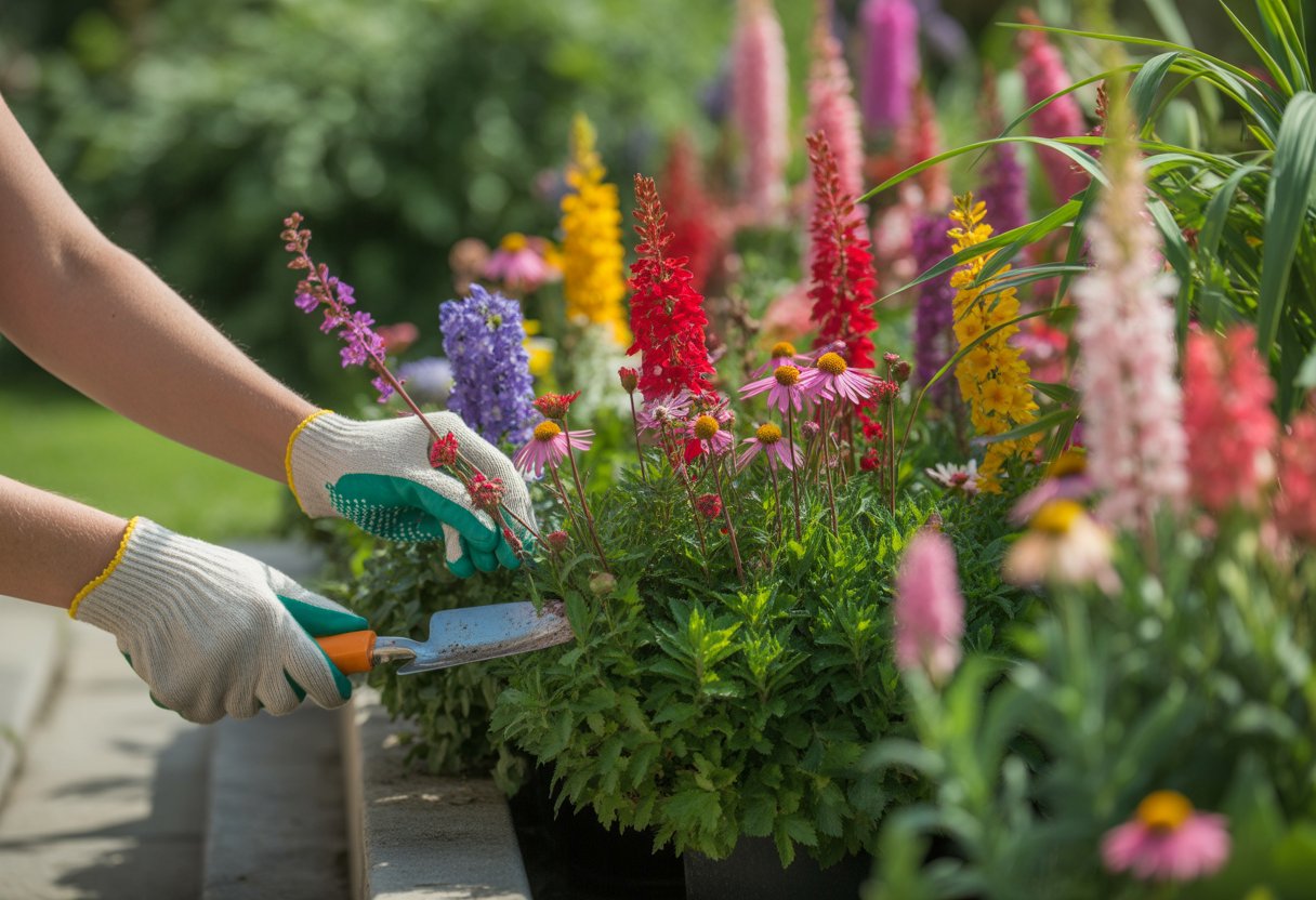 Hands caring for colorful perennial flowers in a vibrant garden bed with various blooming plants.