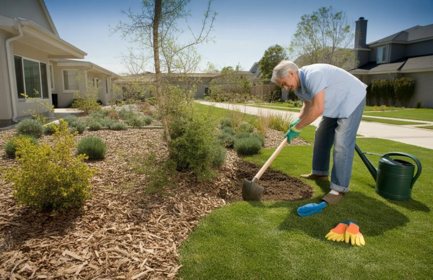 Homeowner planting drought-resistant plants and mulch in a front yard to reduce traditional grass lawn.