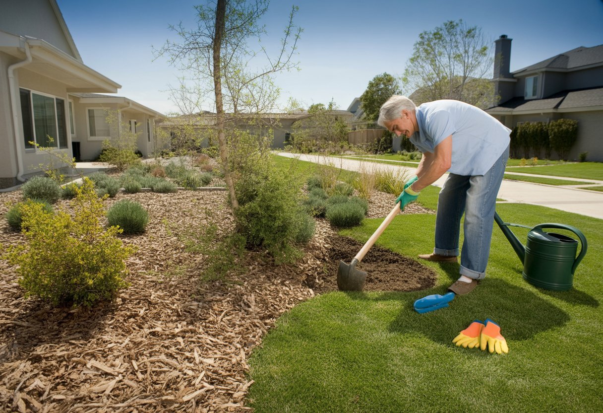Lawn Reduction Strategies for Homeowners: Effective Methods to Minimize Yard Maintenance - PlantNative.org Homeowner planting drought-resistant plants and mulch in a front yard to reduce traditional grass lawn.