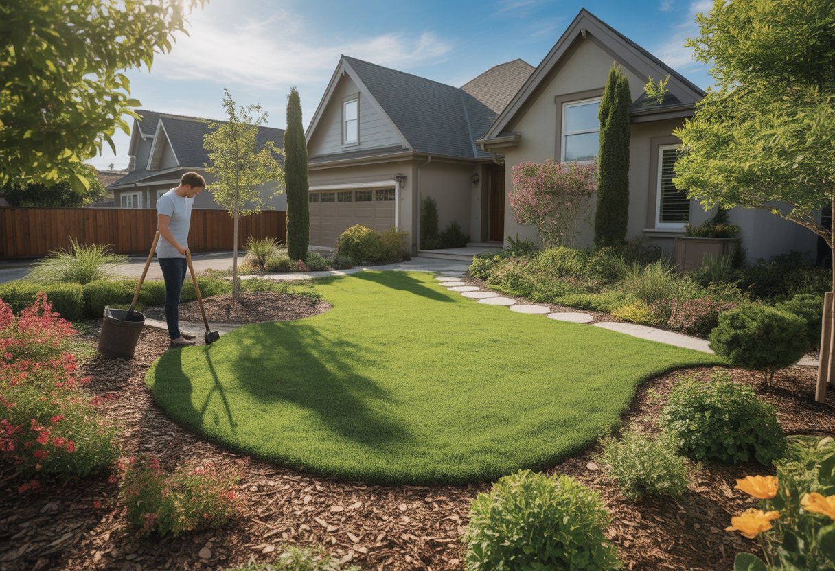 Lawn Reduction Strategies for Homeowners: Effective Methods to Minimize Yard Maintenance - PlantNative.org A homeowner standing in front of a modern house with a small, well-kept lawn surrounded by shrubs, flowers, and a stone pathway.