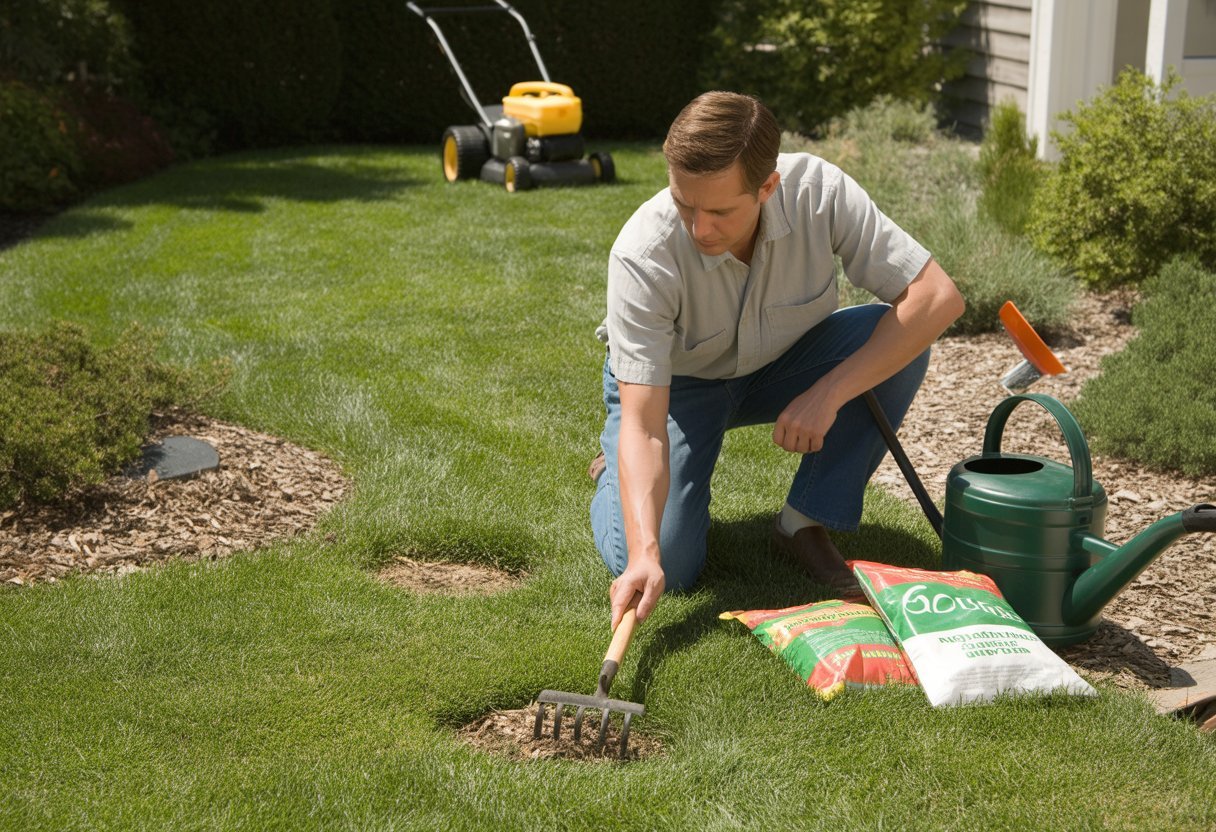 Lawn Reduction Strategies for Homeowners: Effective Methods to Minimize Yard Maintenance - PlantNative.org A homeowner inspecting a green lawn with gardening tools and lawn care equipment on a sunny day.