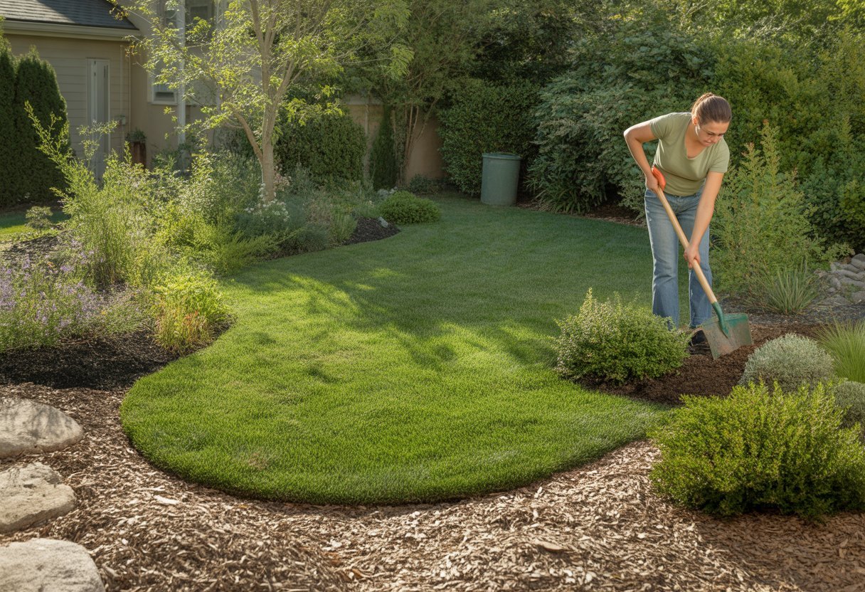 Lawn Reduction Strategies for Homeowners: Effective Methods to Minimize Yard Maintenance - PlantNative.org A homeowner planting native shrubs in a backyard with a small lawn surrounded by native plants and mulch beds.