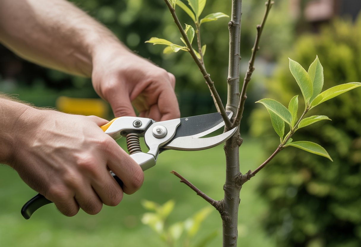 Hands pruning a small tree with pruning shears in a garden setting.