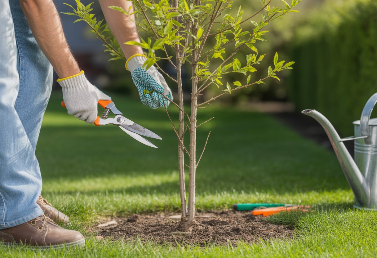 Person pruning a small tree in a garden using pruning shears surrounded by green leaves and gardening tools.