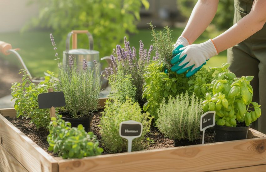 Hands touching fresh herbs in a raised garden bed surrounded by gardening tools and greenery.